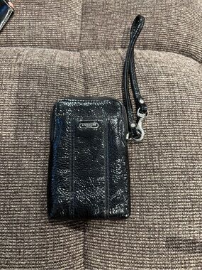 Coach Glossy Black Patent Leather Wristlet Phone Pouch with Strap